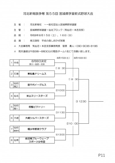 河北新報旗争奪第55回宮城県学童軟式野球大会組み合わせ